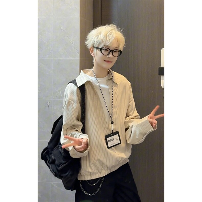 条纹宽松显瘦休闲百搭上衣设计感V领套头衬衣HY921TP48控88,男装衬衫,电商A102B