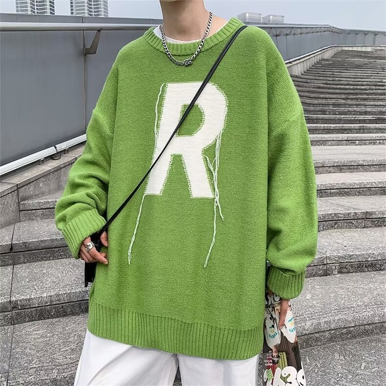 美式街头设计感圆字母R毛衣男慵懒风休闲针织衫Y21P42图片