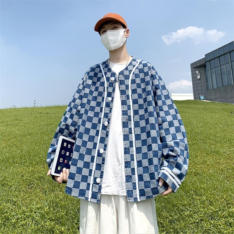 秋冬港风大码棒球服长袖夹克上衣外穿格子牛仔衣外套潮 F17/P65图片