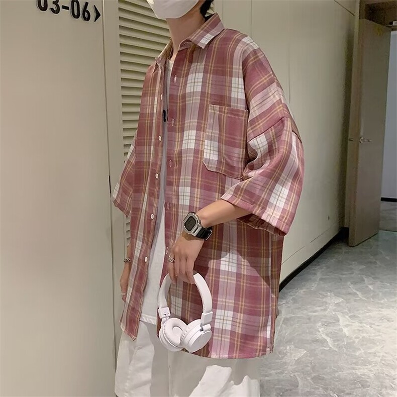 夏季宽松格子衬衫短袖上衣时尚潮牌C330p33,男装衬衫,星座1013