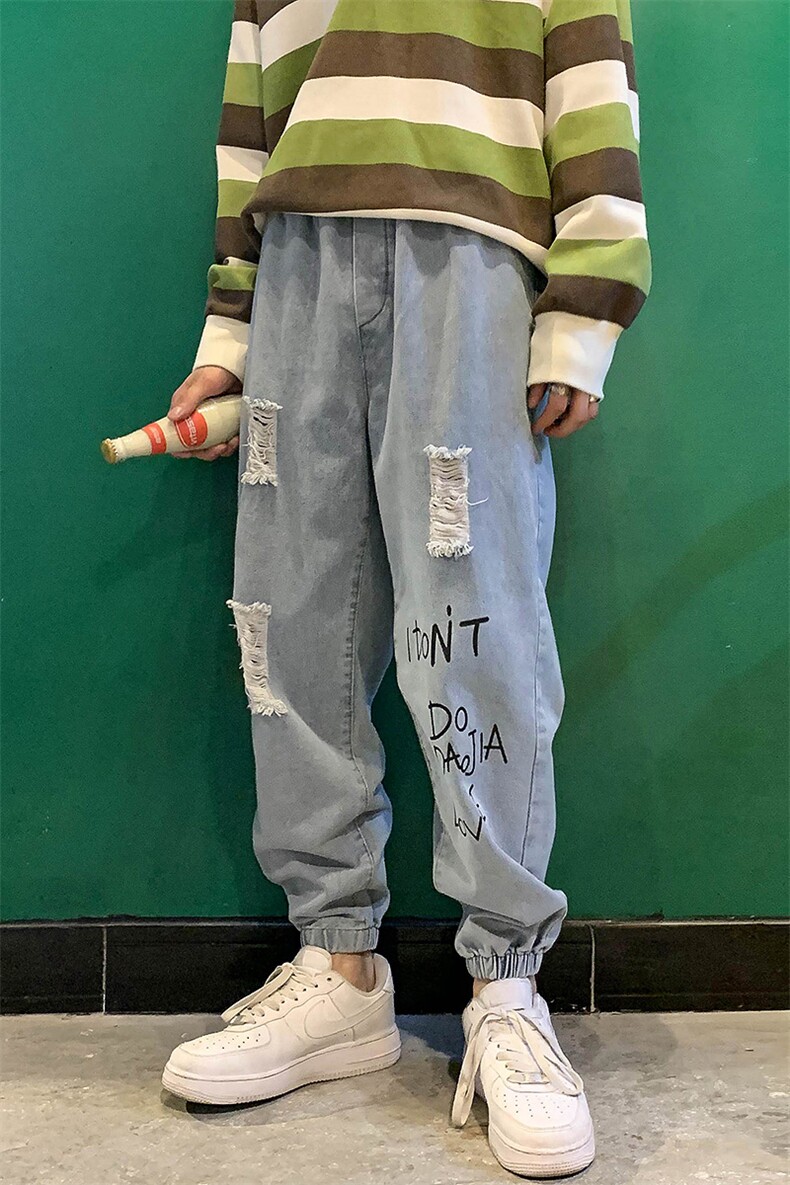 2021夏港风街拍大码男新潮破洞印花束脚九分牛仔裤N8106-P55,男装牛仔裤,电商A001