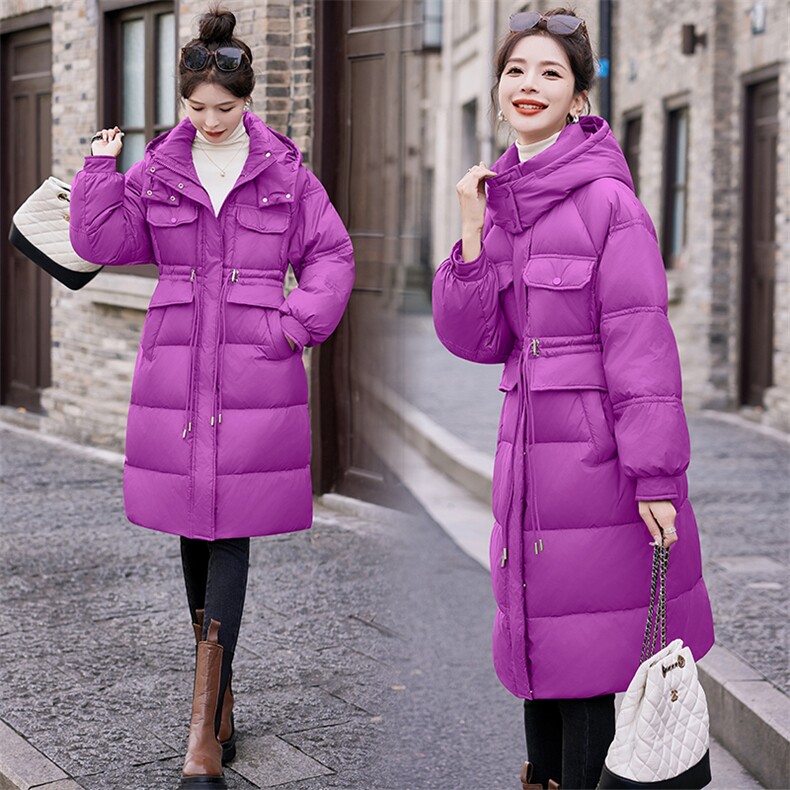 羽绒服女中长款过膝2023年新款冬季宽松连帽收腰抽绳显瘦白鸭绒,女装羽绒服,冬木谷雨