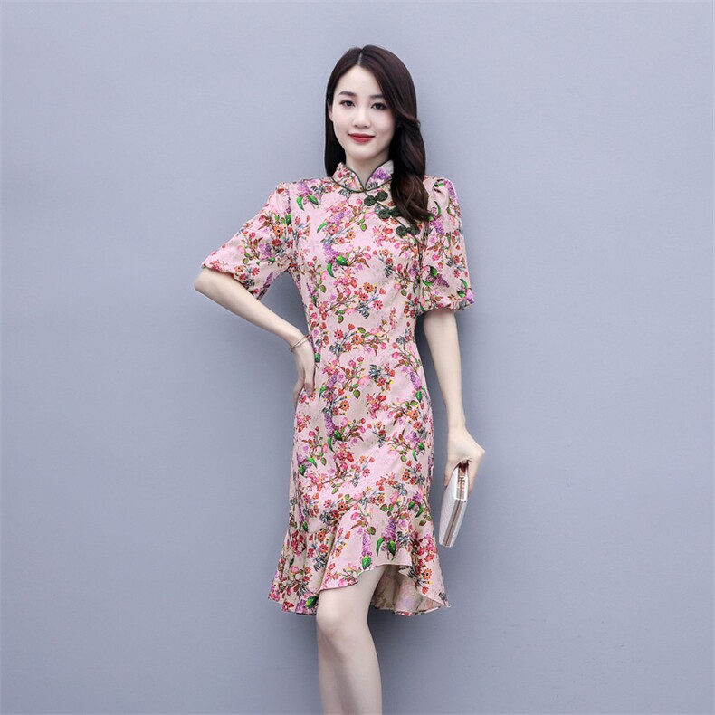 【纪菲施洛】正品香港轻奢新中式旗袍连衣裙女立领雪纺裙子,女装连衣裙,岚衣(原川流布茜）
