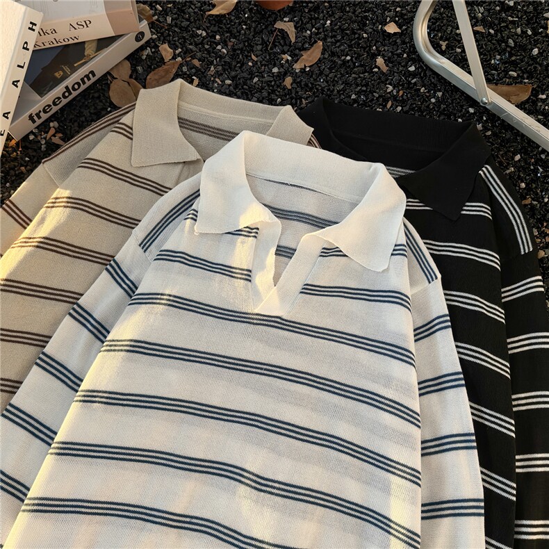 港风秋冬款男女毛衣polo领条纹拼接针织衫宽松外套M0023P40,男装针织衫/毛衣,星座1013-1