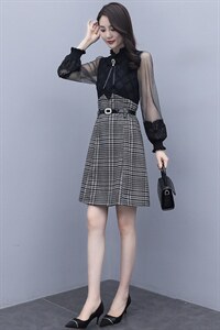 2021春季新款简约时优雅气质蕾丝拼接格子修身假两件套连衣裙图片