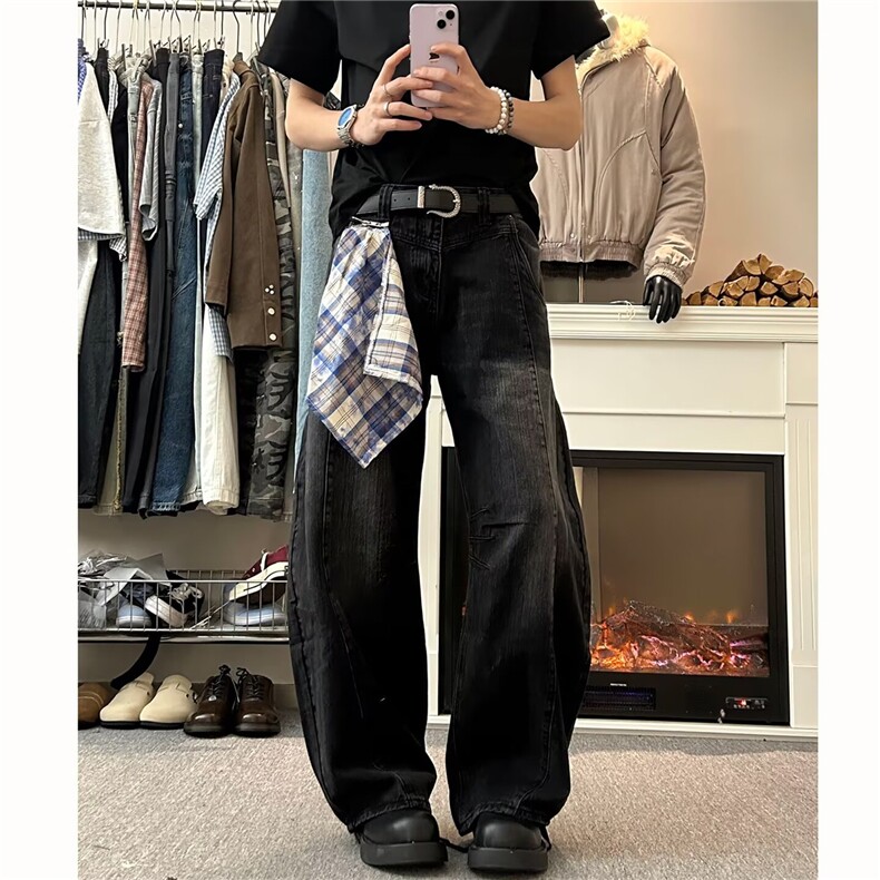 美式复古街头可拆方巾牛仔裤男女2025新款宽松显瘦阔腿弯刀裤潮图片