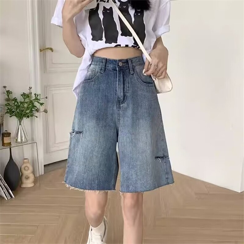 破洞牛仔短裤男女ins潮五分裤直筒港味高腰显瘦阔腿中裤CK103图片