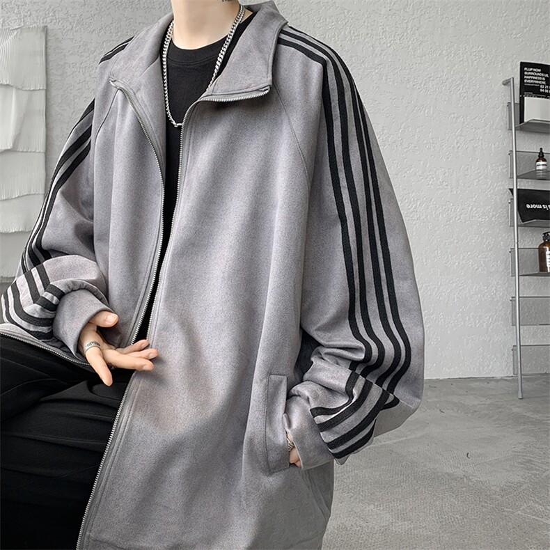 8XL-M特大码麂皮绒重磅条纹棒球服夹克外套男立领潮JK004P75控98,男装夹克,电商B312
