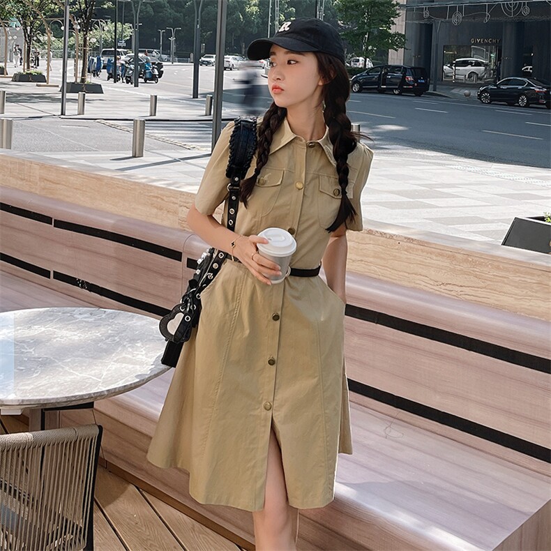 法式复古修身显瘦衬衫连衣裙2024夏季新款高级感工装气质减龄裙子，女装连衣裙，姿衣轩