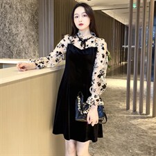 2021春季新款时尚优雅气质花边领拼接显瘦连衣裙，女装连衣裙，深水步