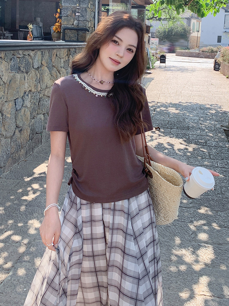 蕾丝拼接短袖t恤套装裙女夏新款设计感不规则格子半身裙两件套,女装套装/套裙,浙宝305
