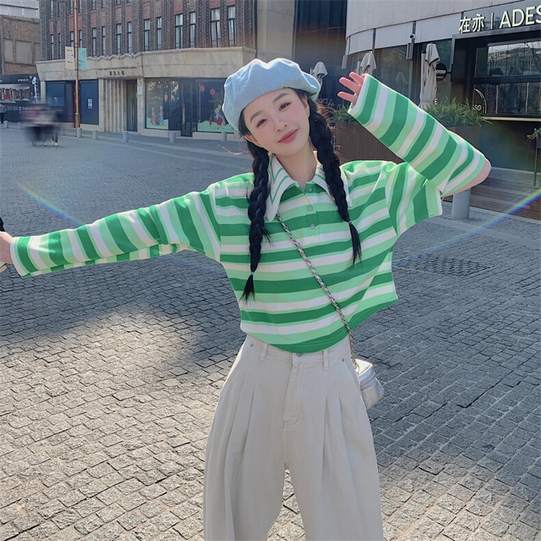 新品休闲条纹polo杉可变长短袖212A-601款-P55-控95，女装T恤，浙宝212A