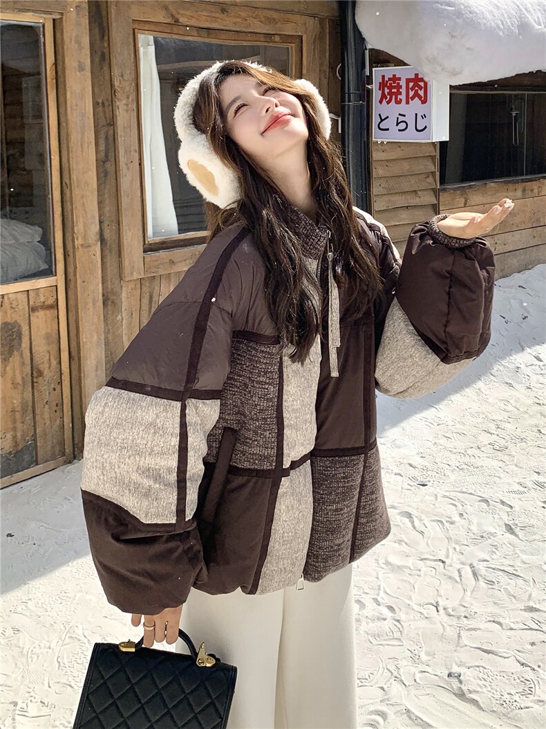 现货拼色羽绒服女冬短款小个子2025年新款今年流行设计感小众拼接,女装羽绒服,琦鑫阁（原依鑫阁）