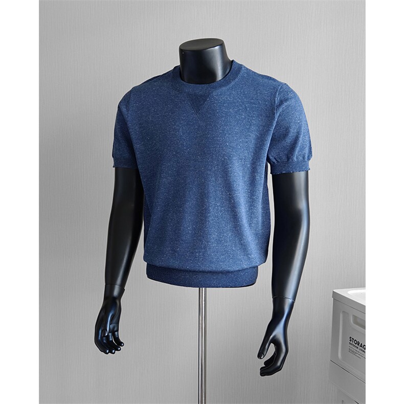 盗图老钱风设计感冰丝圆领针织短袖T恤打底衫E77136/P55控78，男装T恤，电商A243