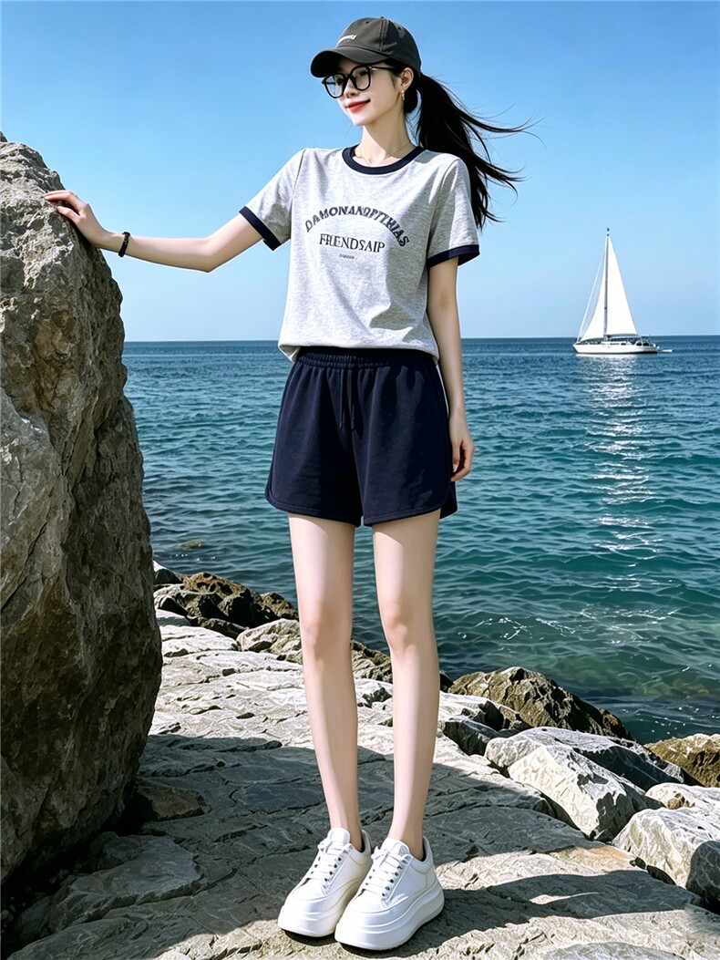 休闲时尚运动套装女夏新款圆领字母印花短袖上衣蓝色短裤两件套潮,女装套装/套裙,江南