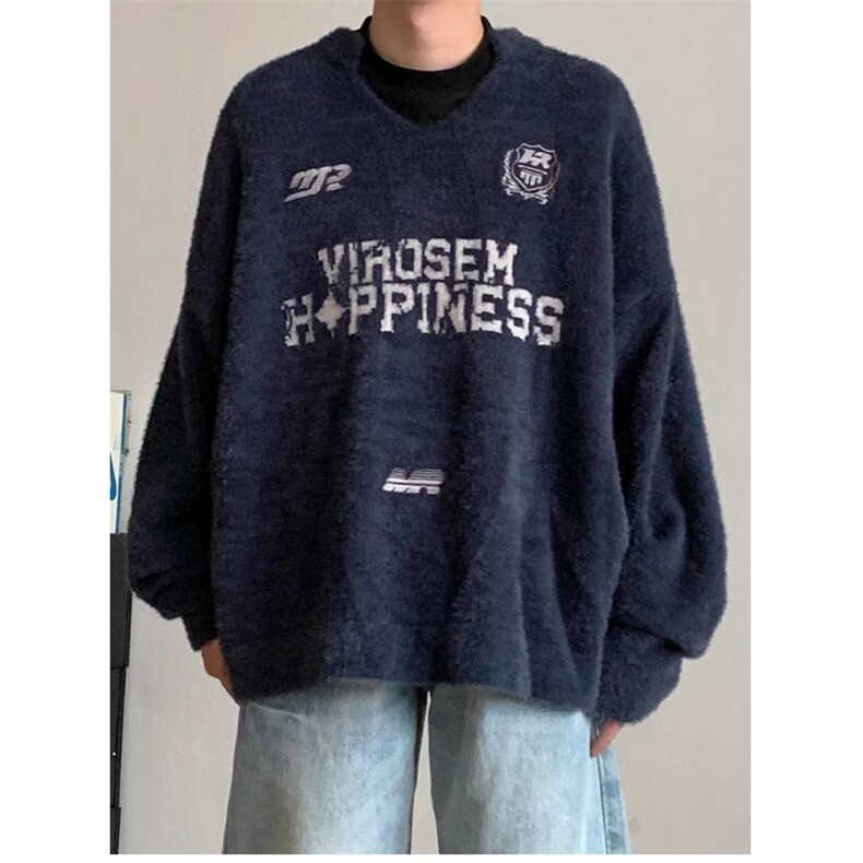 刺绣条纹水貂毛圆领毛衣男女松弛感慵懒风套头针织衫潮流MY9231,男装针织衫/毛衣,星座516A