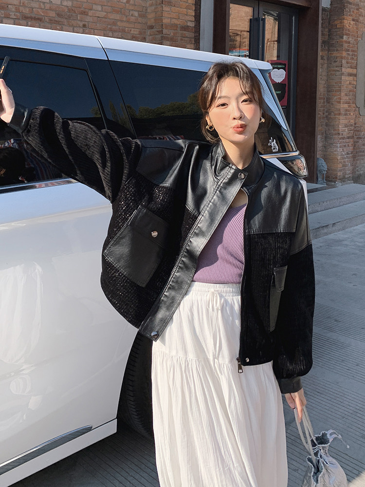 短款皮衣外套女2024秋季新款宽松洋气时尚显瘦休闲百搭拼接皮夹克,女装皮衣,简古