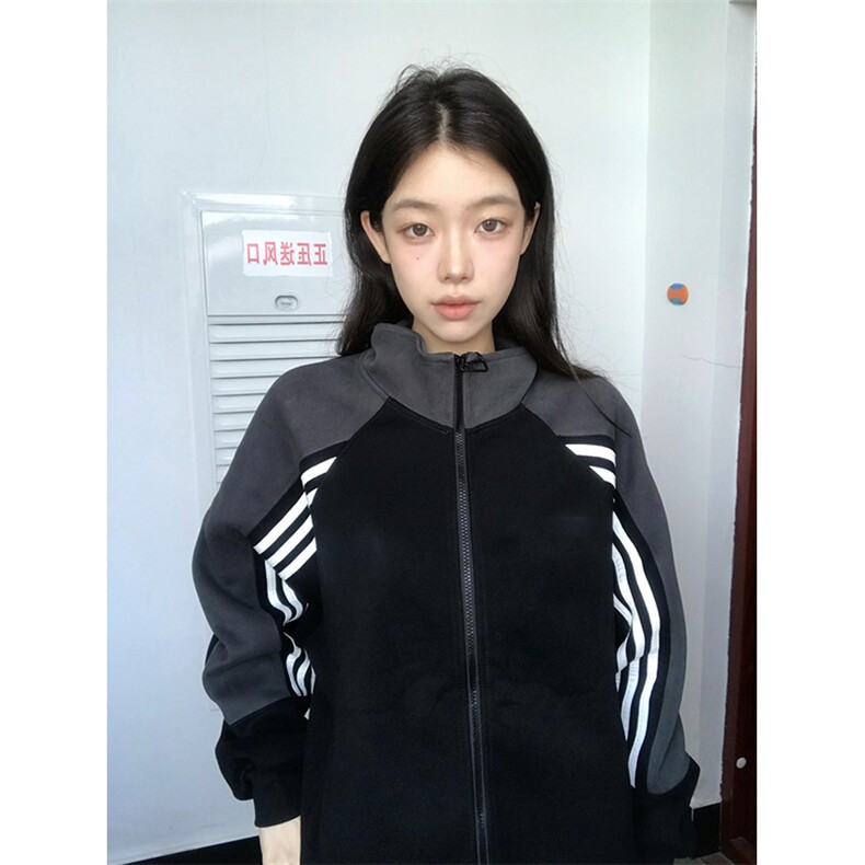抖音得物高品质26春装美式高街重磅织带拼接撞色立领卫衣外套CM41,女装短外套,电商A486-1