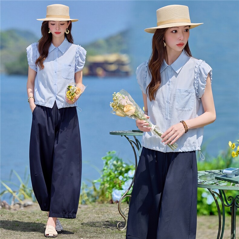 2026年夏季新款木耳边甜美衬衫阔腿裤两件套套装女，女装套装/套裙，依路服饰