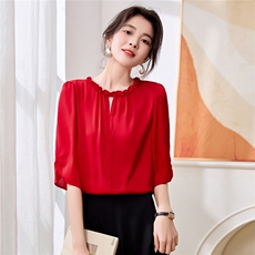 五分袖花边领重磅真丝上衣女2025夏装新款纯色气质小衫桑蚕丝衬衣，女装衬衫，阿舍尔精品