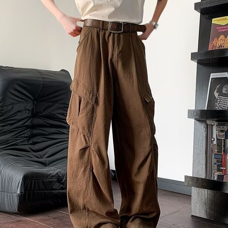 美拉德棕色褶皱大口袋工装牛仔裤男秋2025新款宽松阔腿拖地裤,男装西裤,星座506