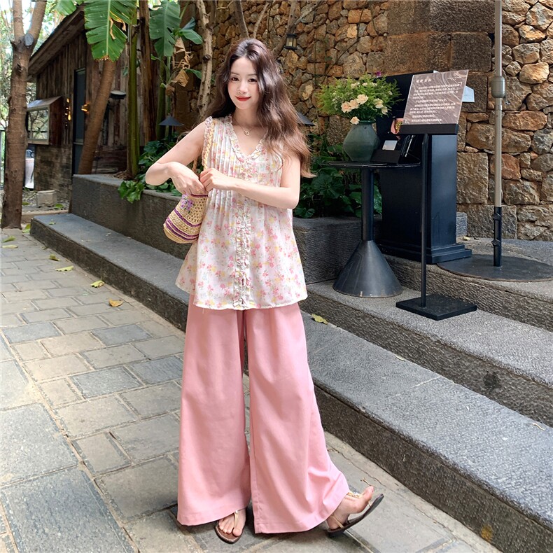 夏日少女风套装2026新款韩式碎花木耳边背心宽松阔腿裤两件套裤，女装套装/套裙，流量+