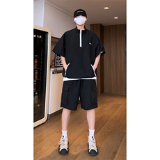 泡泡纱立领短袖短裤两件套男生夏季薄款速干休闲运动套装TZ115，男装防晒衣，电商D315