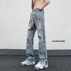 B221美式ins高街暗黑小众拉链喷墨破洞牛仔裤LK23085-P65控88，男装牛仔裤，电商B221