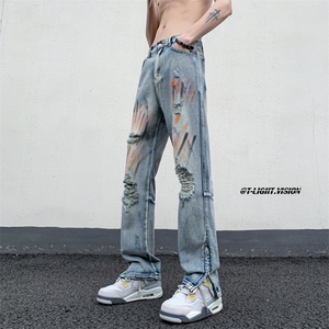 B221 美式ins高街暗黑小众拉链喷墨破洞牛仔裤 LK23085-P65 控88图片