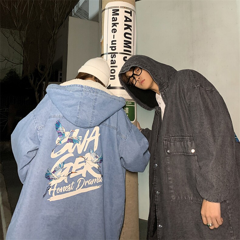 港风冬季加绒羊羔毛牛仔棉衣中长款连帽棉服情侣风衣MY98,男装棉衣,电商D202
