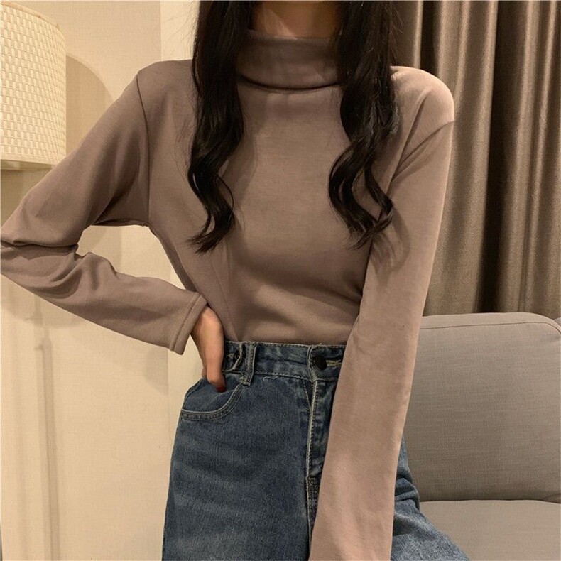 MN1012-p35半高领打底衫德绒内搭保暖自发热修身纯色长袖女上衣,男装T恤,星座617A-2