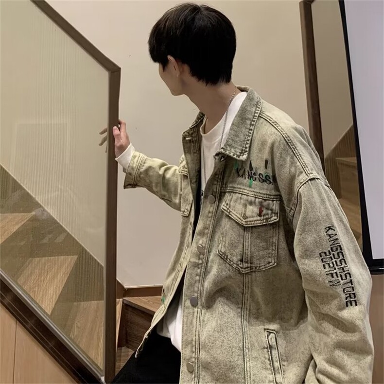 美式复古水洗做旧牛仔外套男女秋冬新款休闲宽松刺绣夹克V502P70图片