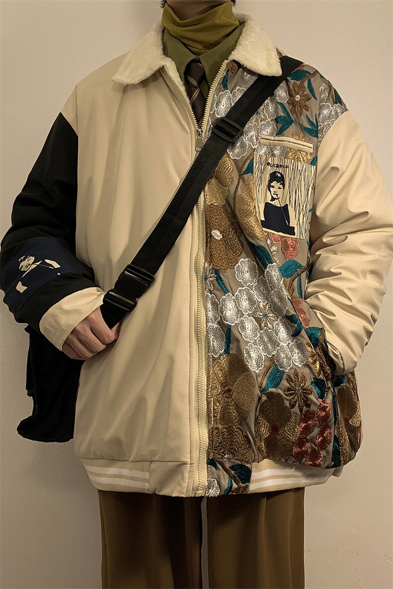1港风室内刺绣拼接翻领羊羔毛大码M-5XL棉衣外套男8723P110控148,男装棉衣,星座226-2