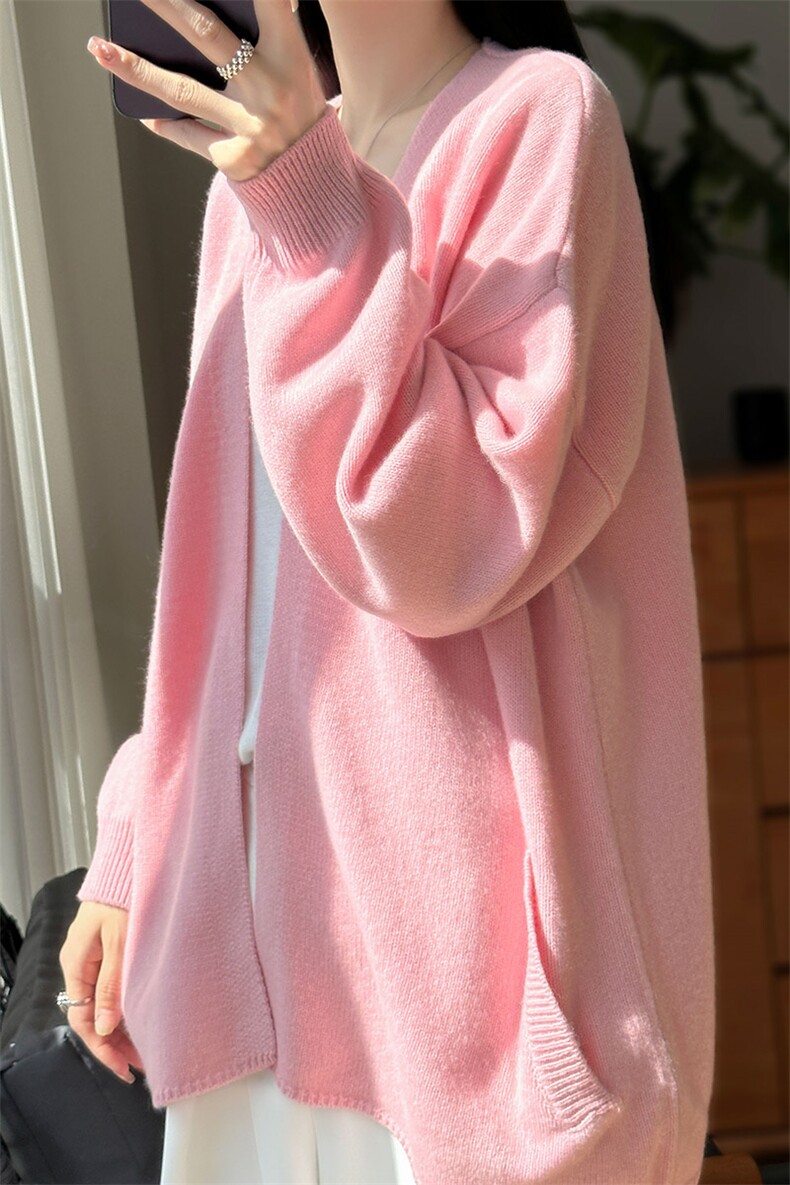V领100%纯羊毛开衫女秋冬新款宽松慵懒风无扣羊绒衫针织外套毛衣,女装羊毛衫,冀清阳荣