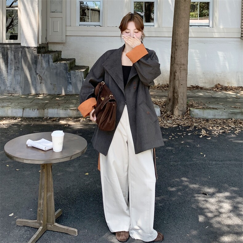 韩系撞色拼接收腰显瘦深灰色风衣外套女春秋2025新款巨好看高级感,女装短外套,2C305