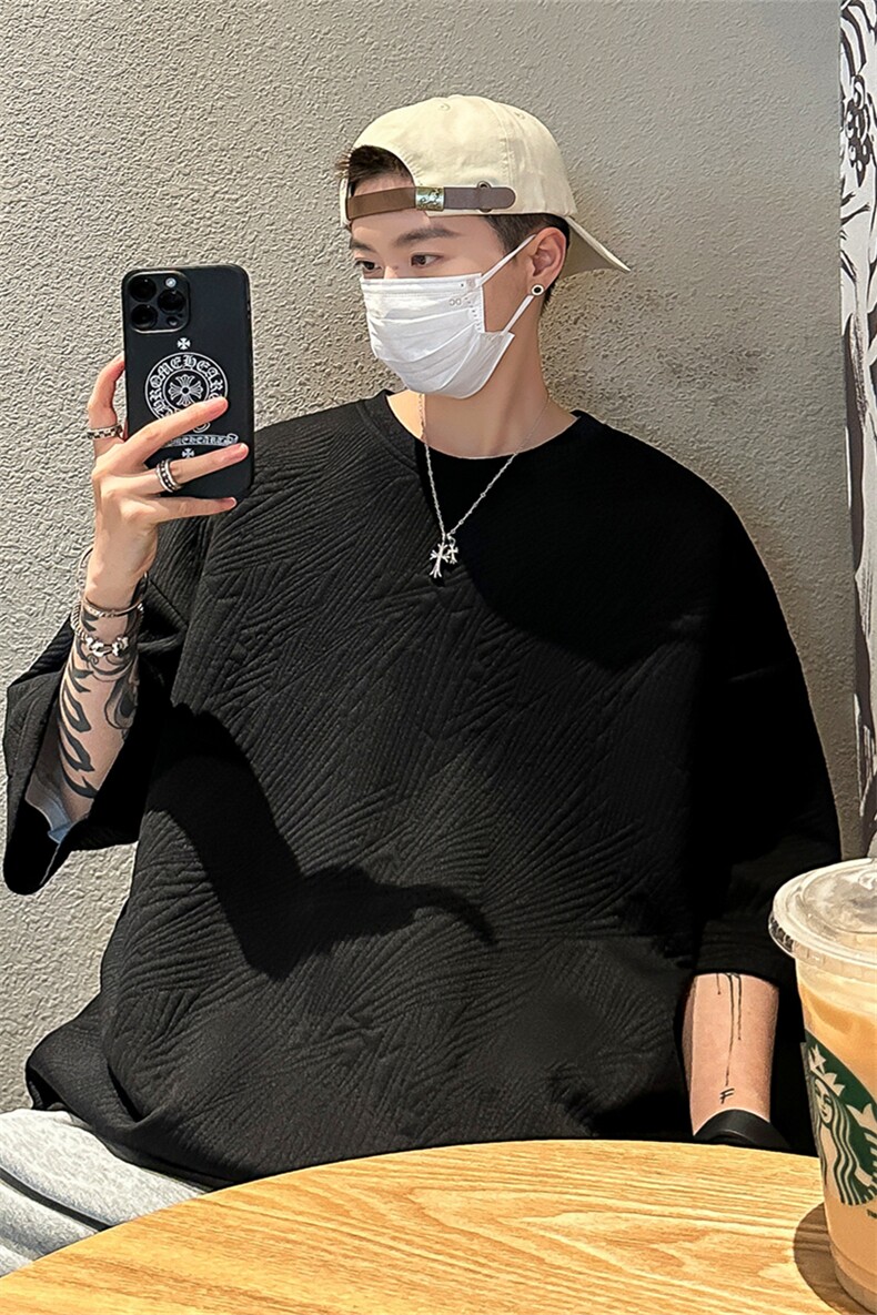 T8069/P30夏季透气开叉T恤男潮短袖纯色宽松半袖提花重磅上衣男,男装T恤,电商A141
