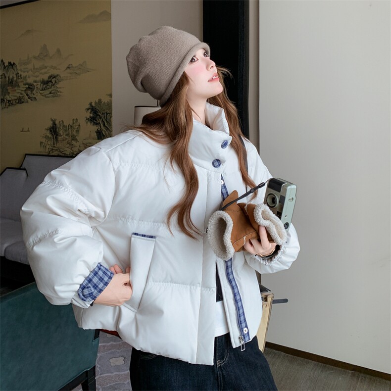 2025新款羽绒服女短款韩版立领拼格面包服小个子保暖外套潮,女装羽绒服,2C278