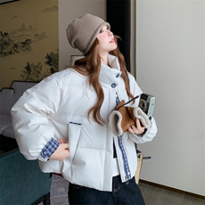2025新款羽绒服女短款韩版立领拼格面包服小个子保暖外套潮，女装羽绒服，2C278