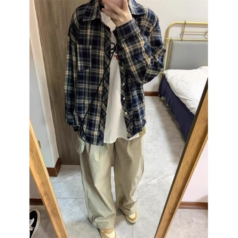 藏青色格子衬衫女秋季新款设计感复古衬衣外套宽松上衣LK3122-P35，男装衬衫，星座1008