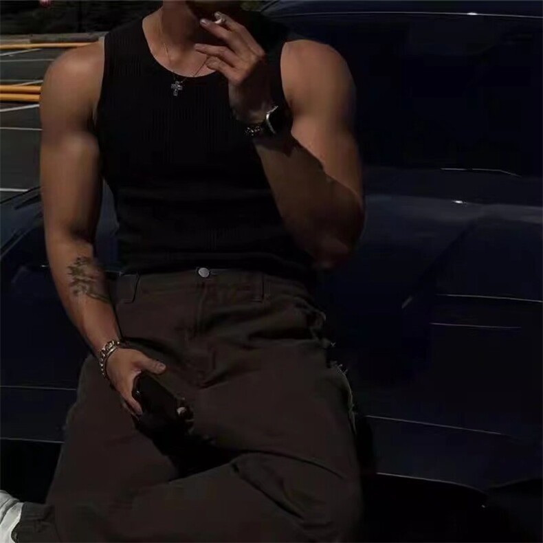 美式背心男修身夏季螺纹竖条纹紧身弹力拼接健身圆领坎肩无袖背心,男装背心/马甲,星座506A