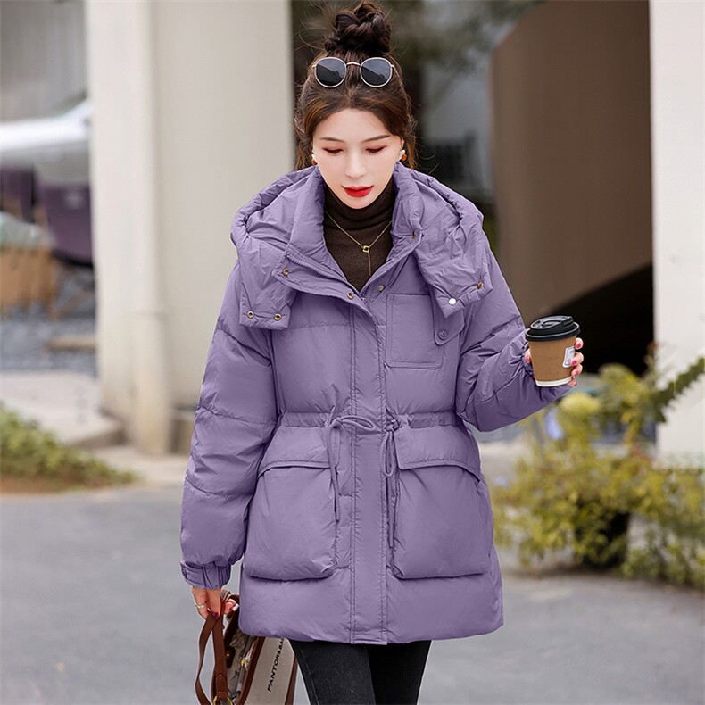 2024新款现货白鸭绒羽绒服女连帽新款面包服时尚收腰保暖外套,女装羽绒服,火爆靓佳人