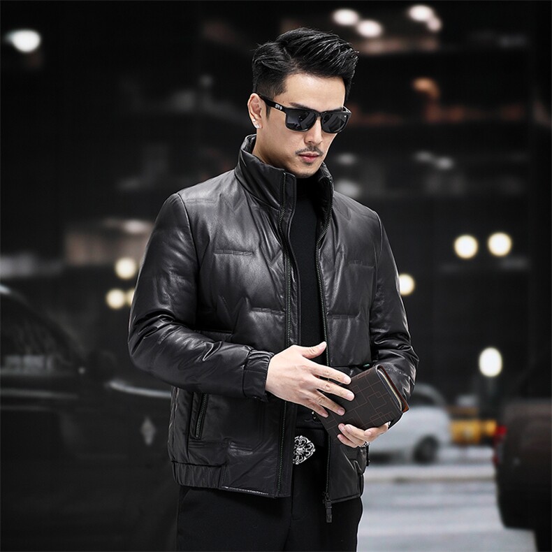 冬季新款海宁羽绒服男牛皮夹克立领时尚男装机车皮衣P880图片
