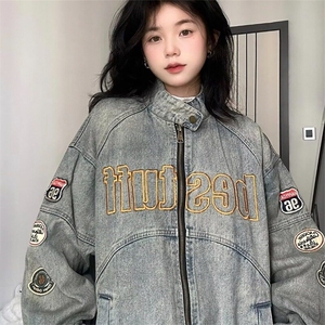 美式机车复古做旧牛仔外套男女秋款刺绣情侣夹克宽松潮牌图片