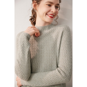 2025年秋季常规款长袖套头舒适时尚百搭通勤高领全身绞花，女装针织衫/毛衣，宛咚羊绒