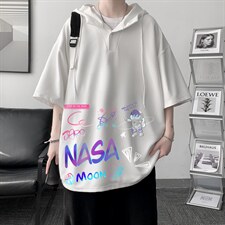 LD54186-P45NASA联名同款连帽短袖t恤男大码胖子带帽五分袖大皂风，男装T恤，电商A040