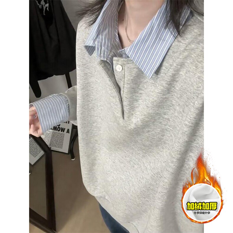 重磅加绒硬挺boxy男女美式高街假两件衬衫领长袖卫衣POLO领打底衫,男装T恤,电商A486-1