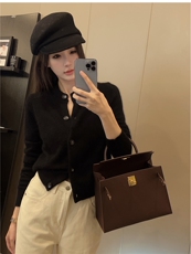 小香风圆领毛衣加厚短款开衫外套时尚简约百搭，女装针织衫/毛衣，兰叶羊绒