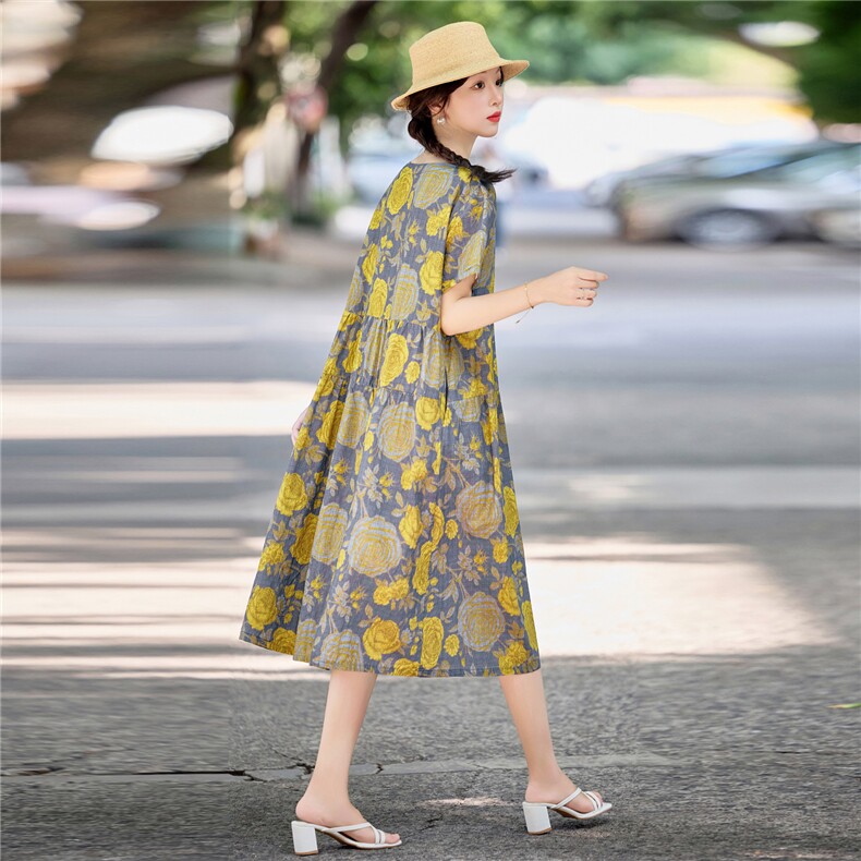 文艺气质黄玫瑰印花棉麻连衣裙女2026夏季新款大码宽松休闲A字裙,女装连衣裙,倪叶myz