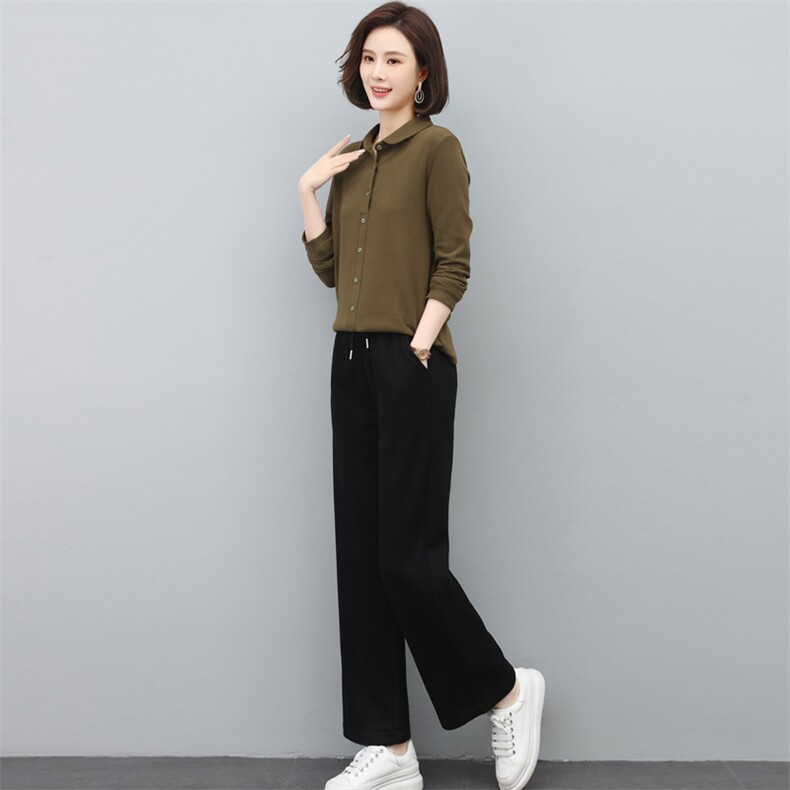 春秋冬双面绒两件套装女加绒加厚衬衫女中老年妈妈装,女装套装/套裙,璐依舞