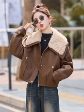 时尚羊羔毛大翻领加棉PU皮衣外套女2025冬季宽松洋气减龄短款棉服，女装棉衣/棉服，依如秀(原杭风阁)